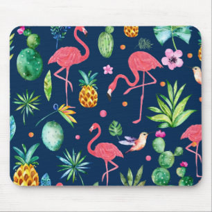 Mousepad Padrões de Flamingos e Flores Tropicais Rosa