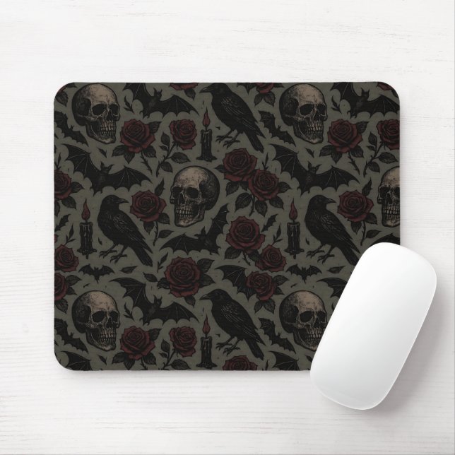 Mousepad Padrões Góticos, Corvos e Rosas (Com mouse)