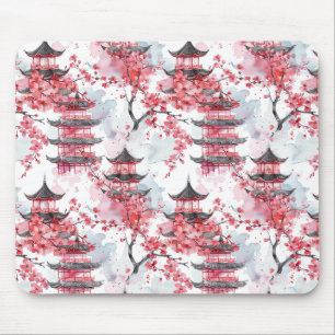 Mousepad Pagoda Chinesa Aquarela com Blossomas de Cereja (2