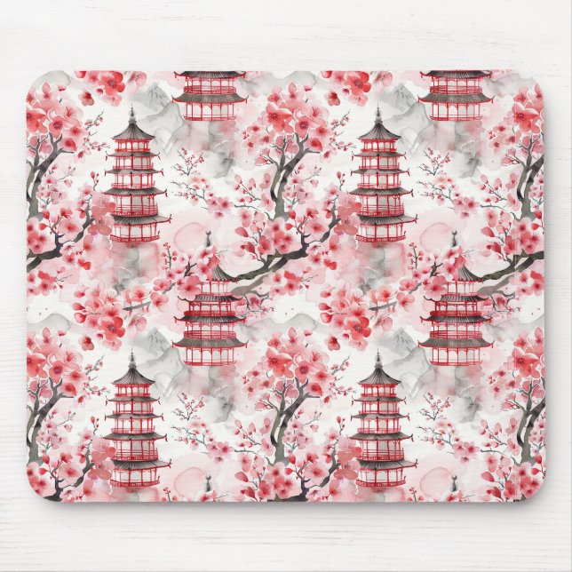 Mousepad Pagoda Chinesa Aquarela com Blossomas de Cereja (9 (Frente)