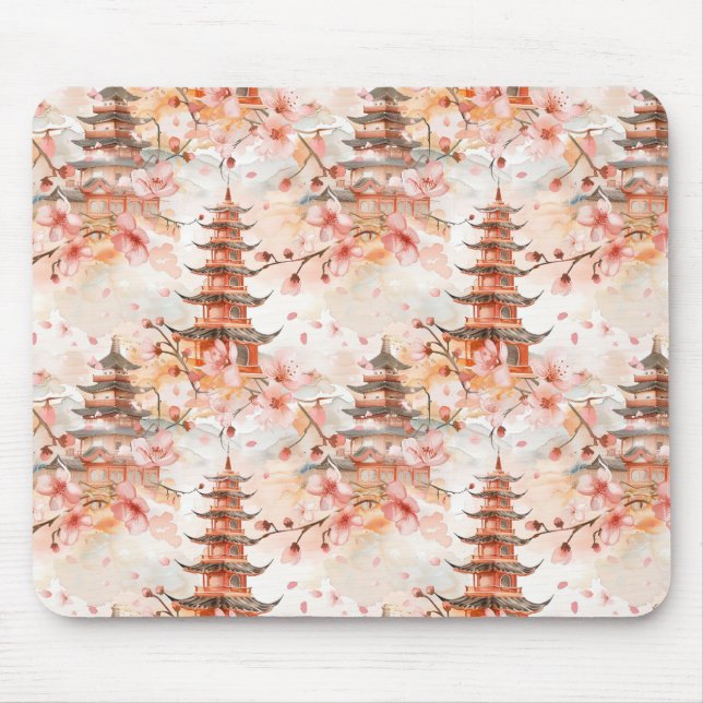 Mousepad Pagoda Chinesa Aquarela com Flores de Cereja (1) (Frente)