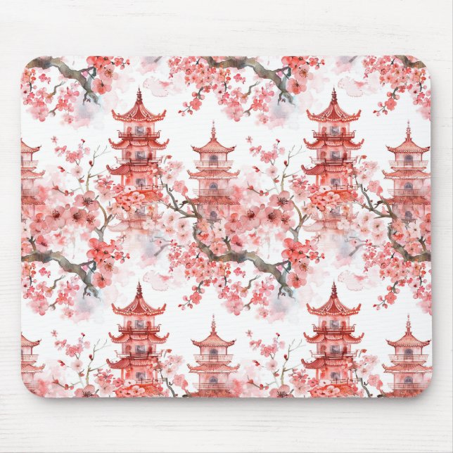 Mousepad Pagoda Chinesa Aquarela com Flores de Cereja (3) (Frente)