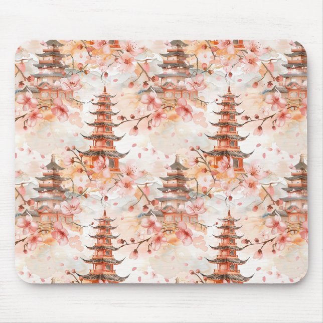 Mousepad Pagode Chinesa em Aquarela com Flores de Cerejeira (Frente)