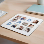 Mousepad PAI Azul Letra Nine Family Photo Grid Collage<br><div class="desc">Envie um belo presente personalizado para sua mãe (PAI) que ele vai apreciar para sempre. Pasta especial personalizada de mouse de colagem de fotos da família para exibir suas próprias fotos e memórias da família especial. Nosso design apresenta um simples design de grade de colagem de 9 fotos com letras...</div>