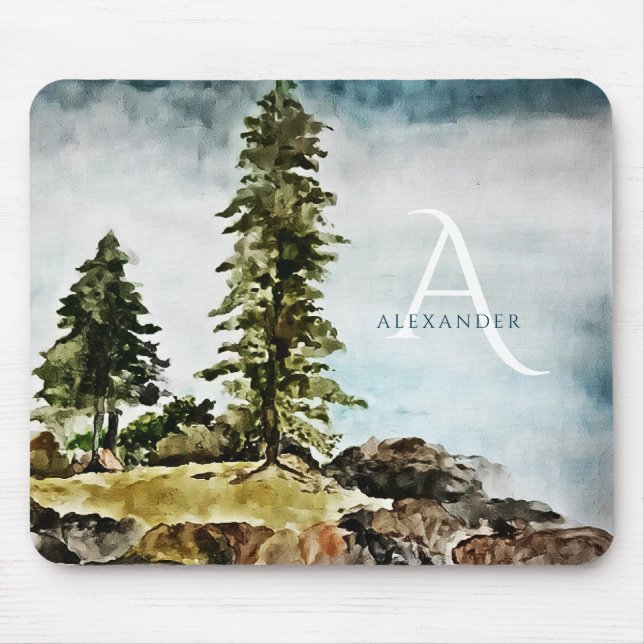 Mousepad Paisagem de Aquarela do Lago Tahoe Monogramada (Frente)