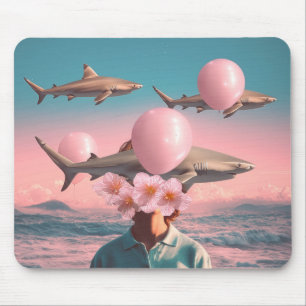 Mousepad Paisagem de Sonho Surrealista com Tubarões e Balõe