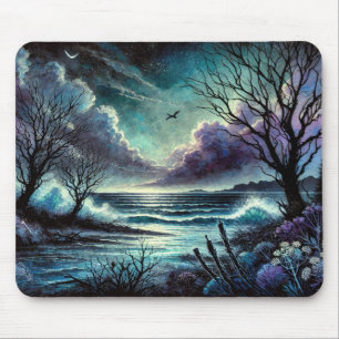 Mousepad Paisagem Marítima Mística ao Luar com Ondas e Árvo