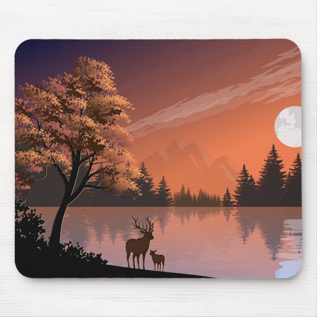 Mousepad Paisagem Sunrise com Lago e Deers-51207 (Frente)