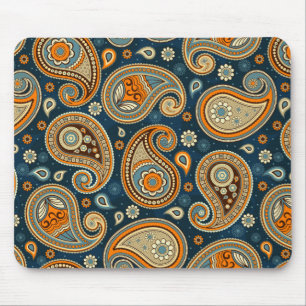 Mousepad Paisley, padrão azul, cor de laranja, elegante