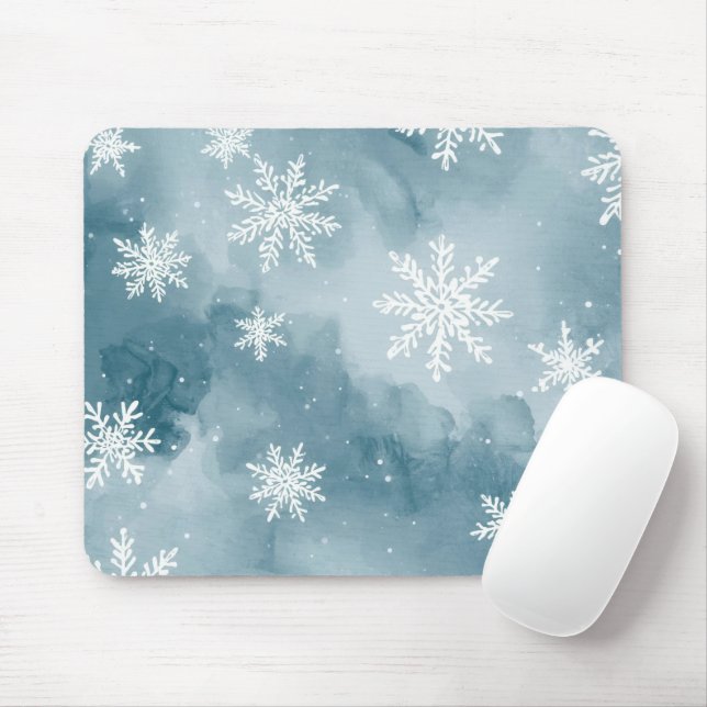 Mousepad Pale Blue Snowflakes Watercolor Winter (Com mouse)