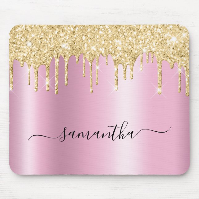 Mousepad Pale Gold Glitter Drips Pink Shimmer (Frente)