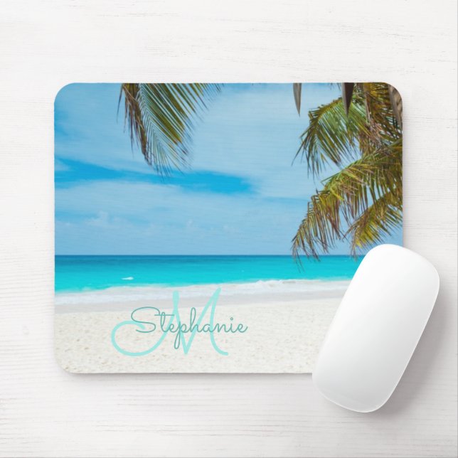 Mousepad Palma de Texto do Monograma de Turquesa de Praia T (Com mouse)