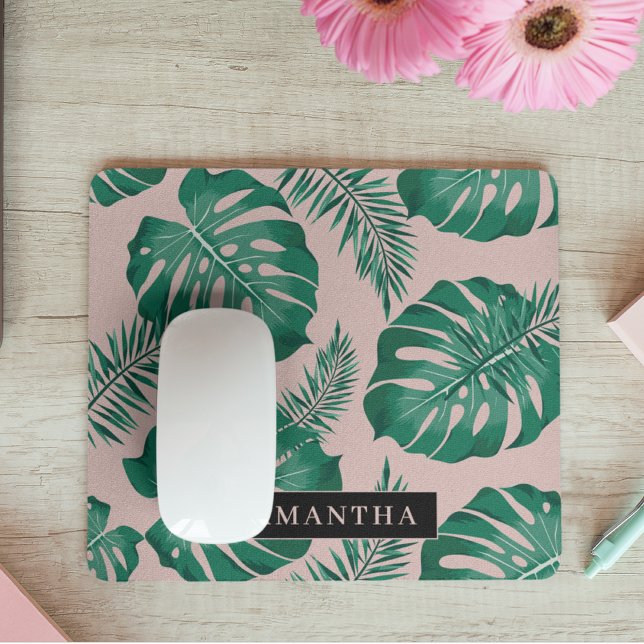 Mousepad Palma rosa tropical e verde deixa padrão e nome (Criador carregado)
