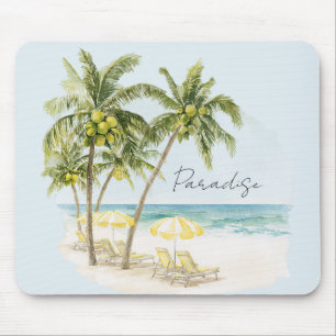Mousepad Palmeiras Tropicais Oceano Guarda-Chuvas Amarelos
