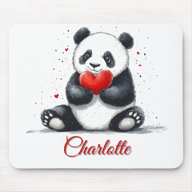 Mousepad Panda Fofo Segurando Coração com Nome Personalizáv (Frente)