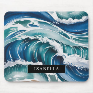 Mousepad Pano de Rato de Ondas do Oceano em Aquarela & Espu