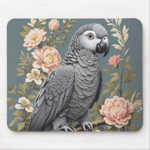 Mousepad Papagaio-Cinza Africano Gordo Com Florais Elegante