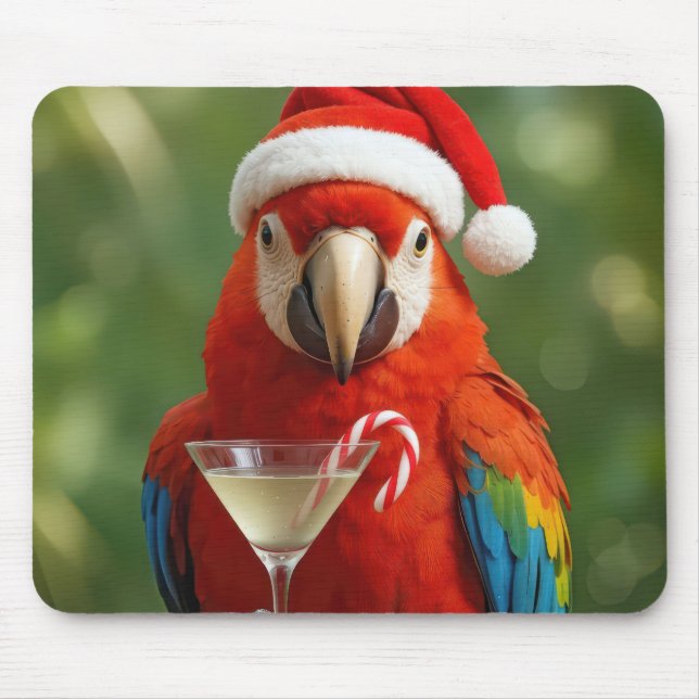 Mousepad Papagaio de Natal segurando um coquetel (Frente)