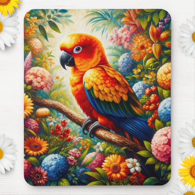 Mousepad Papagaio Sun Conure com Flores Coloridas (Criador carregado)