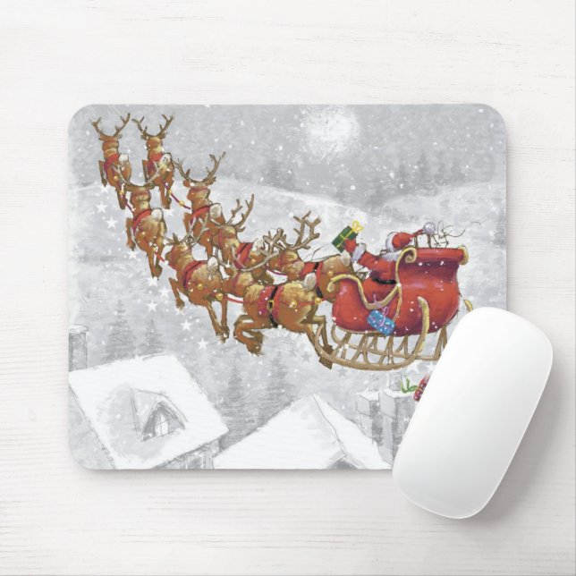 Mousepad Papai Noel andando de trenó com caixa de presentes (Com mouse)