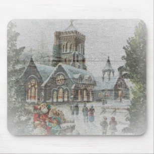 Mousepad Papai Noel antigo com crianças em frente a uma igr