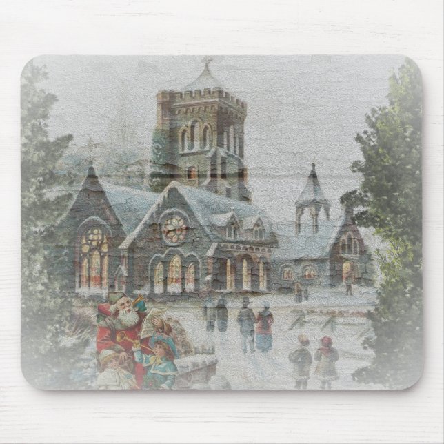 Mousepad Papai Noel antigo com crianças em frente a uma igr (Frente)