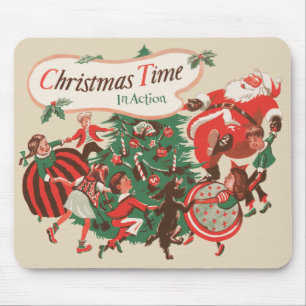 Mousepad Papai Noel de Natal Vintage e Crianças Dançando