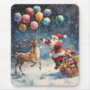 Mousepad Papai Noel Rena de Aquarela Balão Colorido Festivo