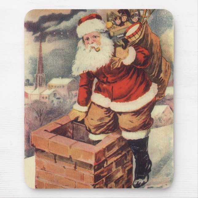 Mousepad Papai Noel Vitoriano de Natal Antigo na Chaminé (Frente)