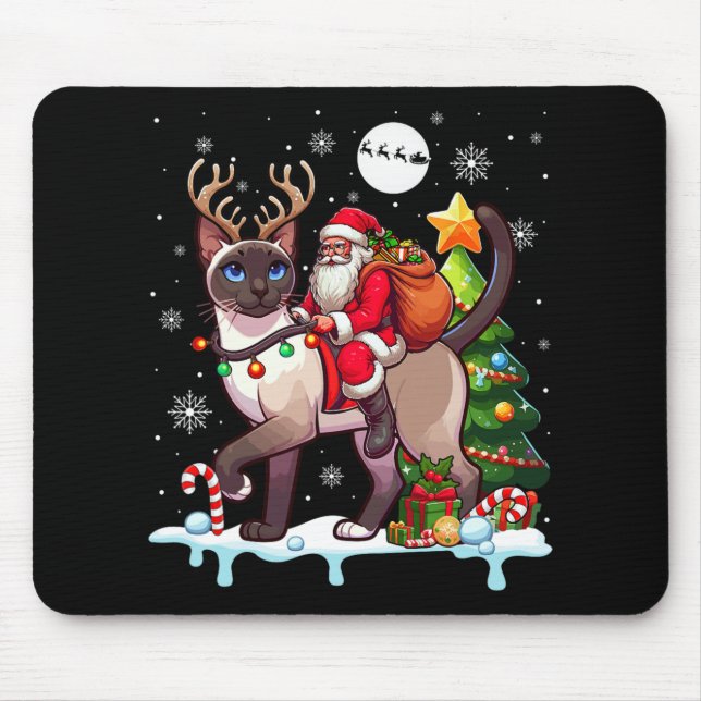Mousepad Papais noeis Riding Reindeer Siamese Cat Xmas Tree (Frente)