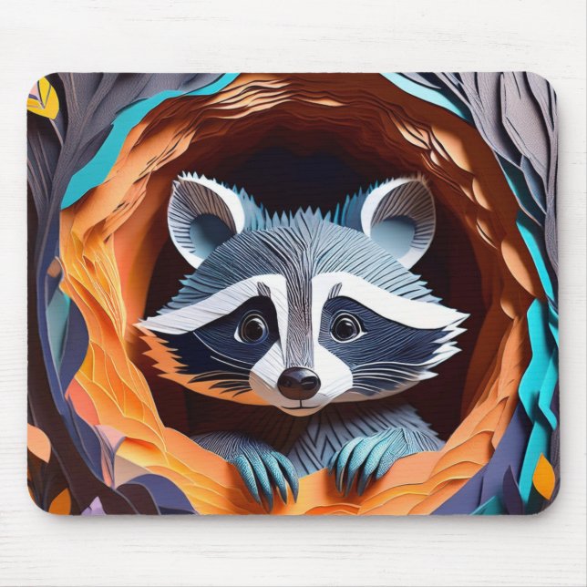 Mousepad Papelada Origami Baby Raccoon Na Árvore 3D (Frente)