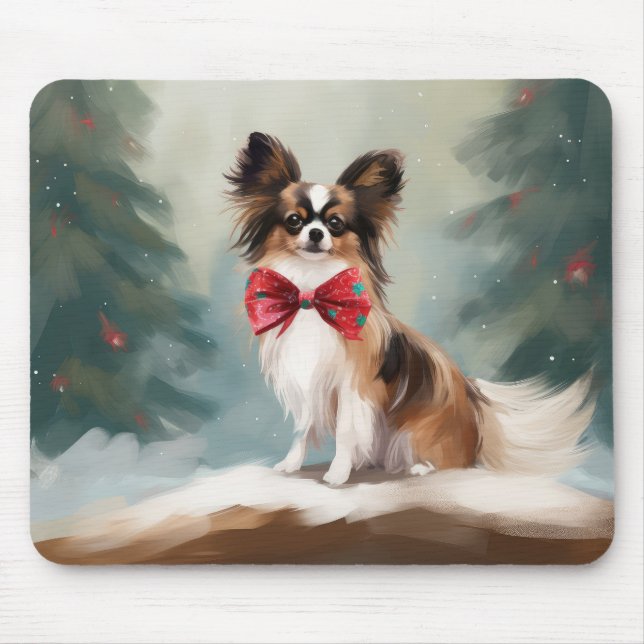 Mousepad Papillon Dog no Natal da Neve (Frente)