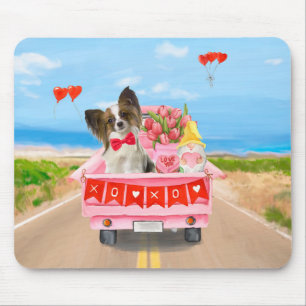 Mousepad Papillon Dog Truck Hearts Dia de os namorados