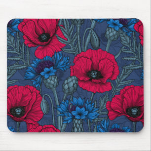 Mousepad Papoilas vermelhas e flores azuis em azul