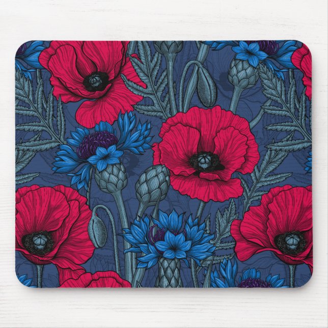 Mousepad Papoilas vermelhas e flores azuis em azul (Frente)