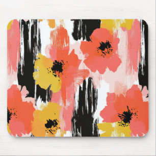 Mousepad Papoula Artística em Mostarda Coral e Rosa