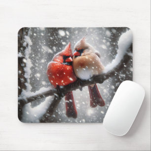 Mousepad Par de Cardeais em um Ramo de Neve