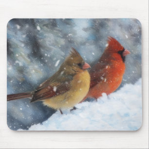 Mousepad Par de Pássaros Cardinais Casal Arte de Inverno Mo