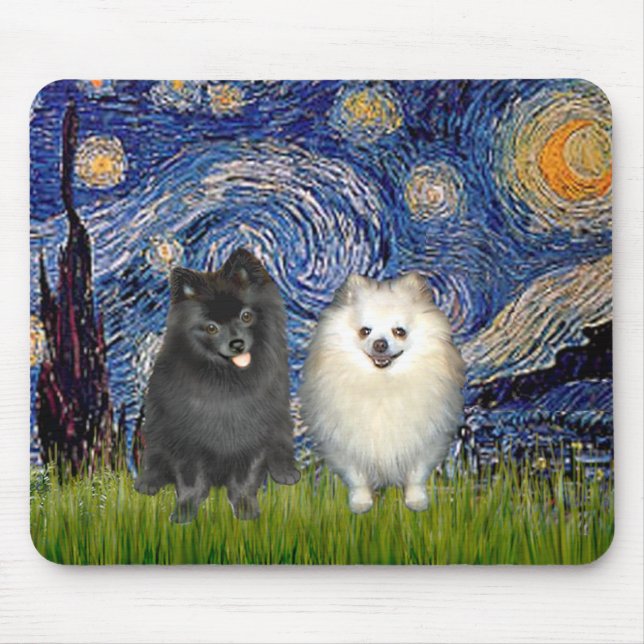 Mousepad Par de Spitz Alemães (P+B)-Noite Estrelada (Frente)