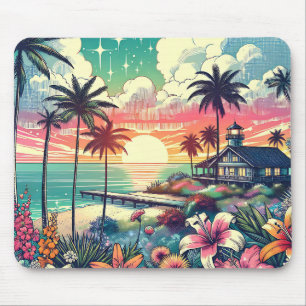 Mousepad Paraíso Rosa e Turquesa Arte de Praia