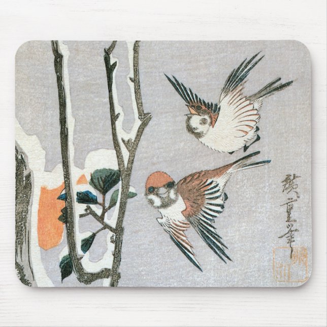 Mousepad Pardais e Camélia na Neve por Ando Hiroshige (Frente)