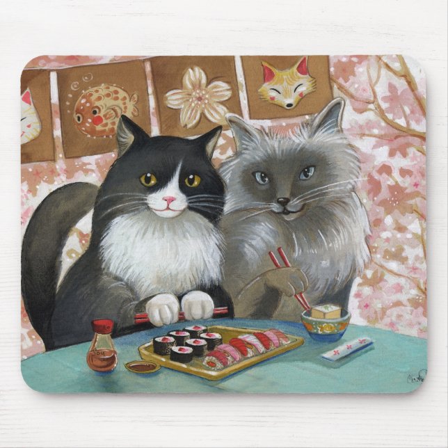 Mousepad Pares bonitos do gato do sushi (Frente)