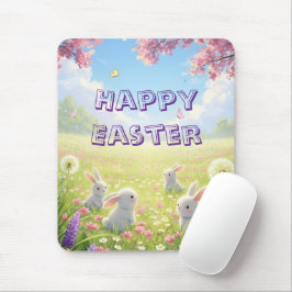 Mousepad Páscoa Lavanda Fofa Coelho Branco Floral Primavera