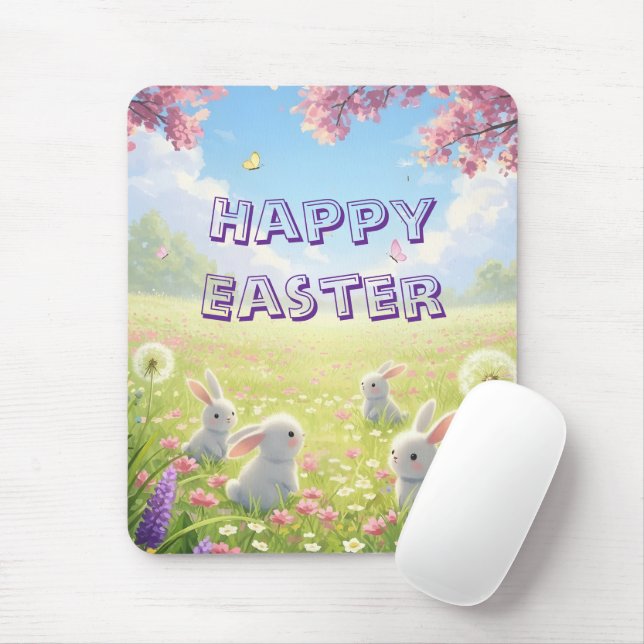 Mousepad Páscoa Lavanda Fofa Coelho Branco Floral Primavera (Com mouse)