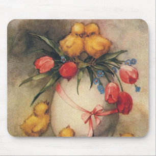 Mousepad Páscoa Vintage com Frangos e Flores de Tulipa Verm