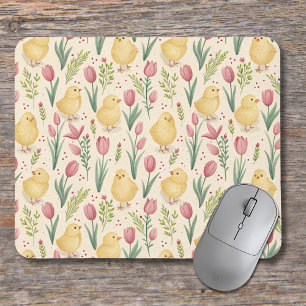 Mousepad Páscoa Vintage Frangos Amarelos Fofos Tulipas Verm