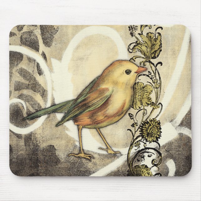 Mousepad Pássaro Amarelo e Verde no Fundo da Vintage (Frente)