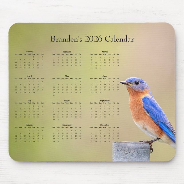 Mousepad Pássaro Azul - Calendário 2026 personalizável para (Frente)