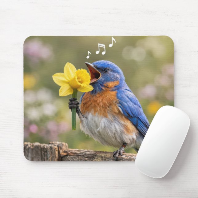 Mousepad Pássaro Azul Cantando em um Narciso Amarelo (Com mouse)