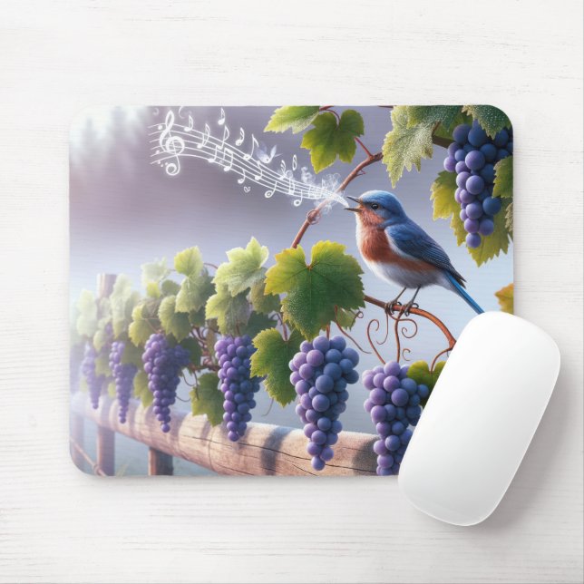 Mousepad Pássaro Azul Cantando em uma Parreira (Com mouse)
